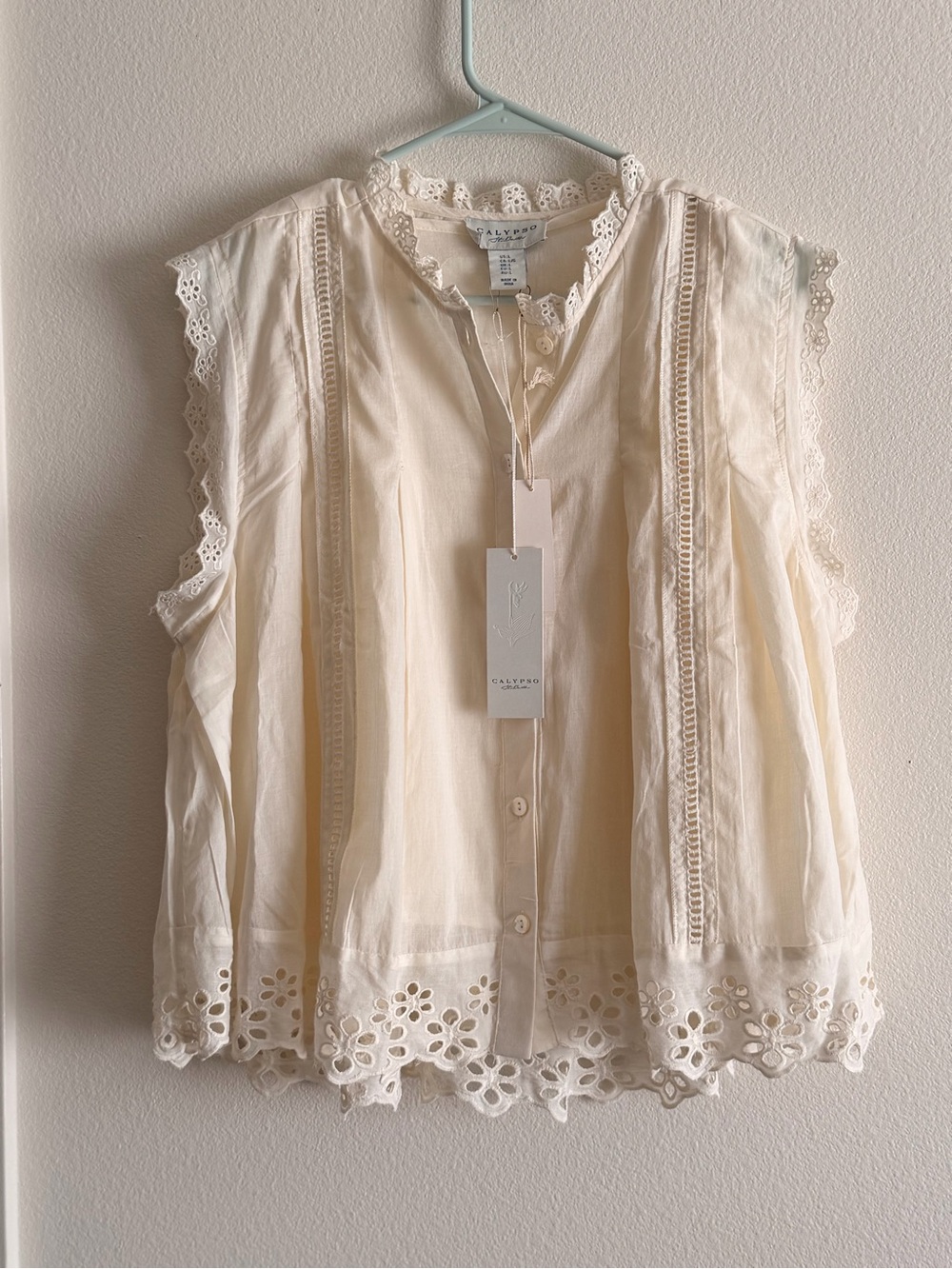 Calypso St. Barth Cream Eyelet Lace-Trim Sleeveless Blouse